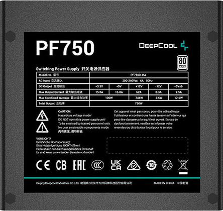 Блок питания 750W ATX; "DeepCool" [R-PF750D-HA0B-EU] 12sm Fan, 80 + Gold, Active PFC