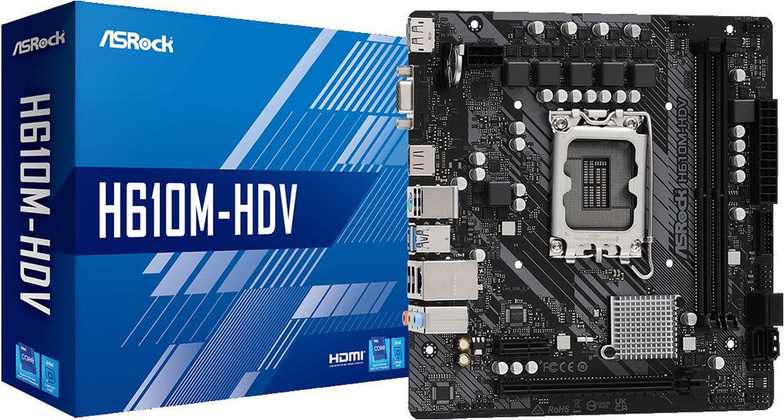 Мат.плата ASRock H610M-HDV (Intel H610), mATX, DDR4,VGA/DVI/HDMI [S-1700]