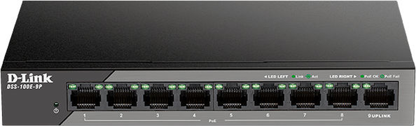 Коммутатор "DLink" [DSS-100E-9P/B1A]; 8-port 10/100Base-T + 1x 10/100/1000Base-T; PoE