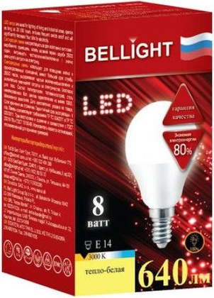 Лампа LED E14,  8 W, 3000K "Bellight" [G45 8W 220V E14 3000K] 