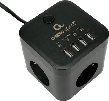 Сетевой фильтр "Cablexpert" [CUBE-3-U4-B-1.5]; 1.5м; <Black>; (3 розетки/4 USB)