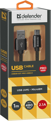 Кабель USB A - micro USB B (1.0m) "Defender " [USB08-03T PRO] <Black>