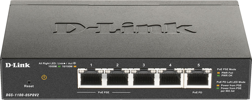 Коммутатор "D-Link" [DGS-1100-05PDV2/A1A] 5x10/100/1000Base-T, PoE