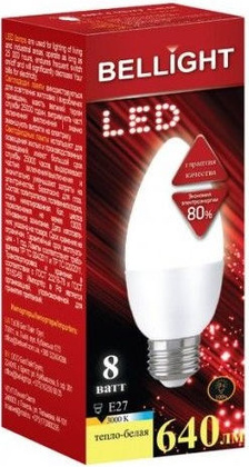 Лампа LED E27,  8W, 3000K "Bellight" [C37 8W 220V E27 3000K]
