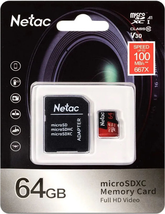 Карта памяти microSDXC 64Gb "Netac" [NT02P500PRO-064G-R] Class 10 UHS I U3 + SD Adapter