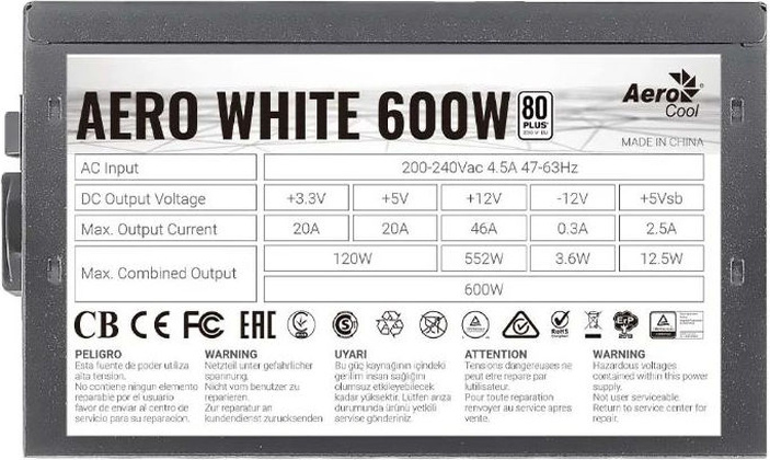 Блок питания 600W ATX; "Aerocool" [Aero Whit 600W], 12sm,80 Plus, Active PFC