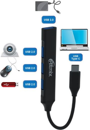 Переходник USB Type-С --> USB 2.0 x2 + USB 3.0 "Ritmix" [CR-4401] <Metal>