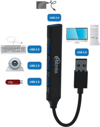 Набор USB-переходников (1+3шт.) "Ritmix" [CR-4400] <Metal>