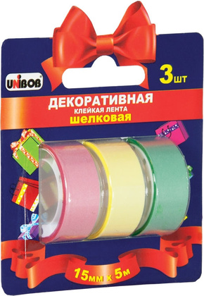 Лента клейкая декоративная шелковая UNIBOB [51723] 15ммх5м, разноцветная, 3 шт/упак